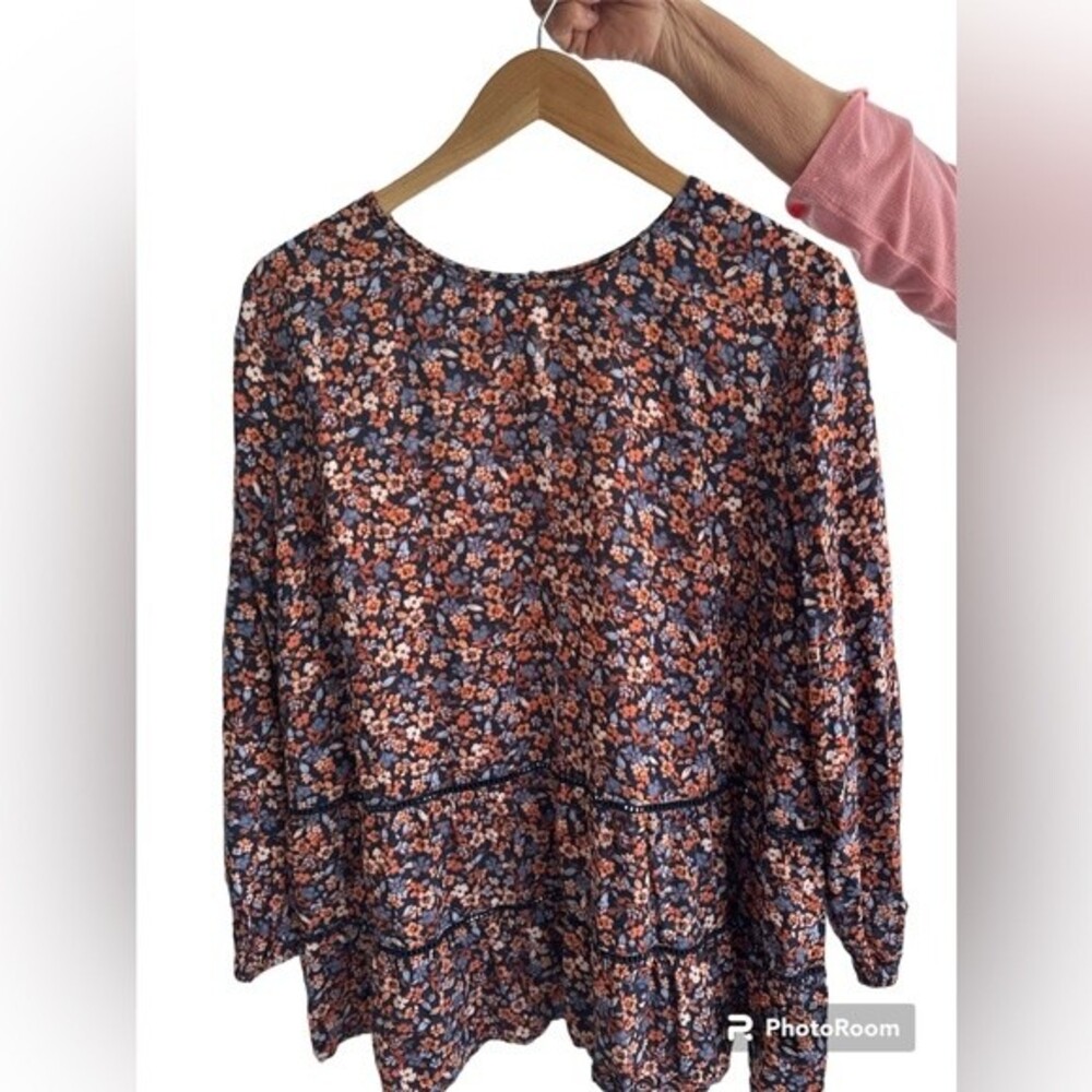 J. Jill Women's Navy Blue Multi Floral Smocked Tiered A-Line Tunic Blouse Size L
